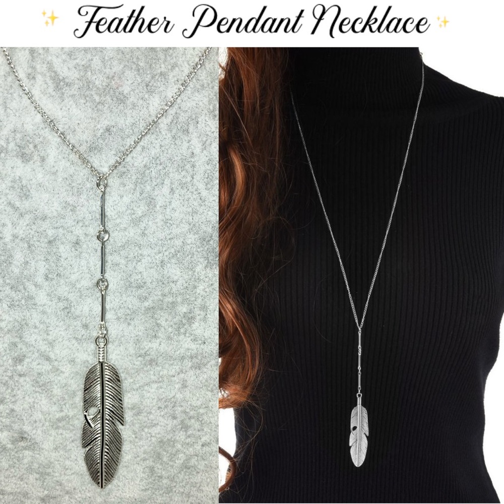 Sweet Silver Feather Pendant Extra Long Necklace